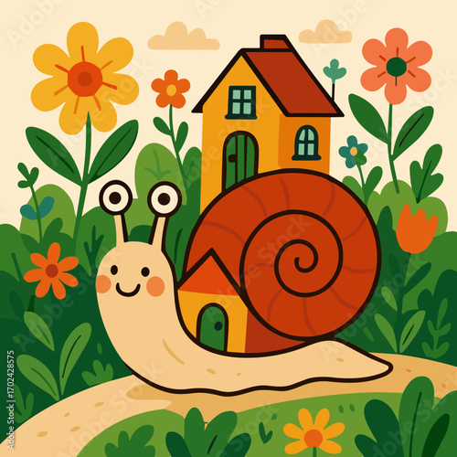 Cute snail carrying a colorful house on its shell in a vibrant flower garden setting