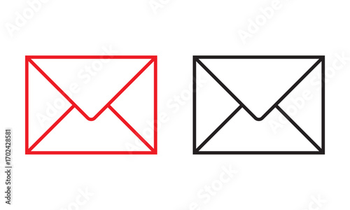 Envelope outline icons in red and black, simple vector mail symbol, minimal communication message sign for email or postal design