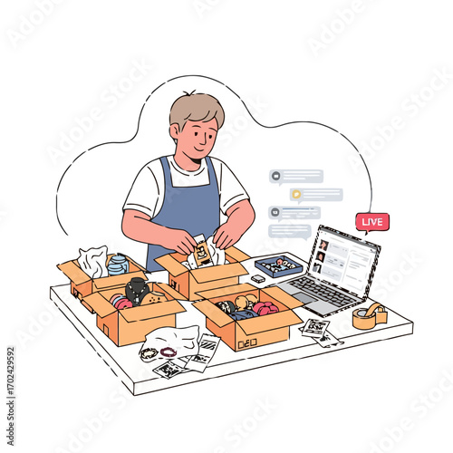 Young man packing products for live selling