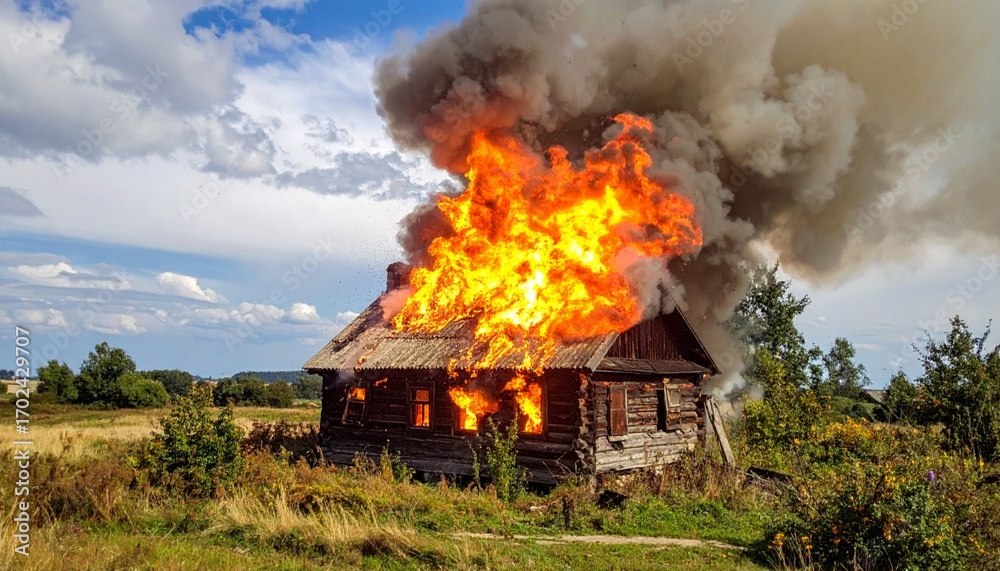 Fototapeta premium Dramatic Fire Engulfs Rustic Wooden House in a Scenic Landscape