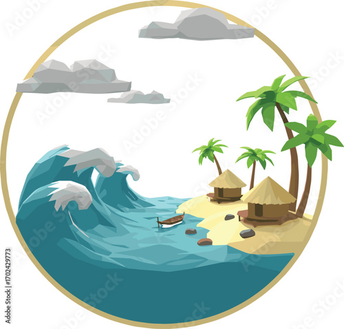 Low-poly style tropical island vector illustration with palm trees, ocean waves, sandy beach huts, small boat, cloudy sky, and calm coastal scenery.