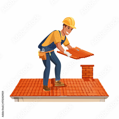 Smiling Roofer Installing Orange Clay Tiles on a Roof with Chimney