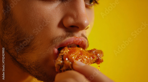 Intense close-up of a man biting into a crispy chicken wing, sauce smeared on his lips, set against a bold yellow backdrop for a pop-art inspired fast food emotion shot.