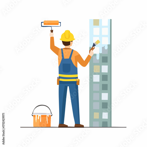 Construction Worker Painting Building Facade with Roller and Brush Wearing Overalls
