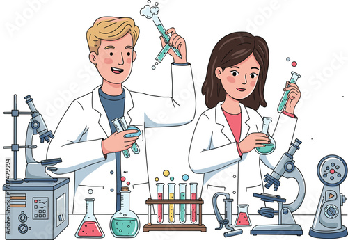 Scientists working in laboratory, research experiment, chemical testing, microscope analysis, scientific equipment, lab technicians, science innovation, modern laboratory, flat vector illustration