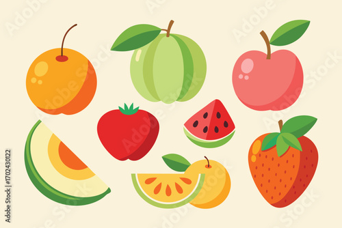 Vector art of a colorful assortment of fresh fruits, including an orange, guava, apple, tomato, watermelon, melon, pomelo, and strawberry, arranged on a light beige background