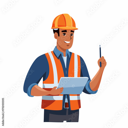 Smiling Construction Worker with Tablet and Pen