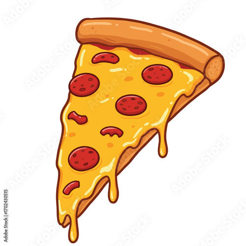 illustration of a pizza isolated on white background. pizza slice with salami,mushrooms, basil leaf and melted cheese for pizzeria package and menu designs. Flat Vector illustration