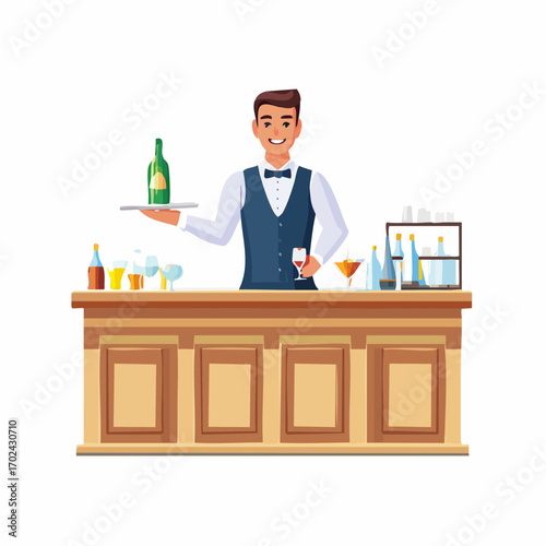 Smiling Bartender Serving Drinks Behind a Wooden Bar with Bottles