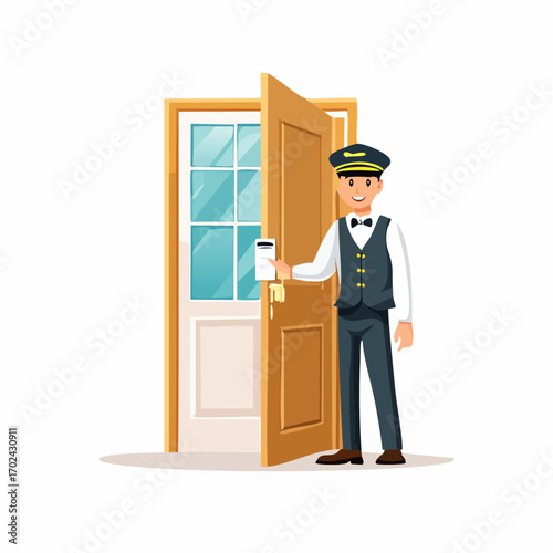 Smiling Hotel Bellhop Opening Door with Keycard in Uniform