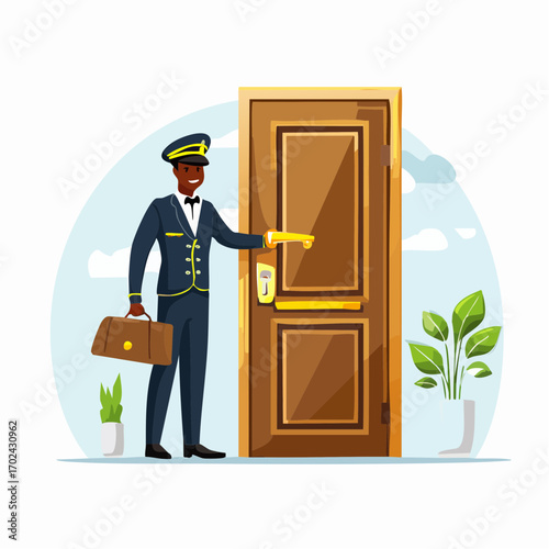 Smiling Bellhop Opening Door with Briefcase and Uniformed Attire