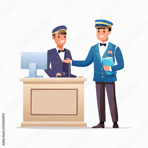 Two Staff Members at a Formal Reception Desk Engaging in a Friendly Exchange