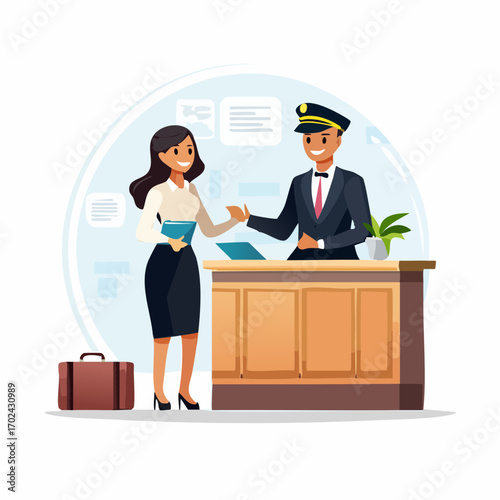 Smiling Hotel Receptionist Assisting a Female Guest with Luggage at CheckIn