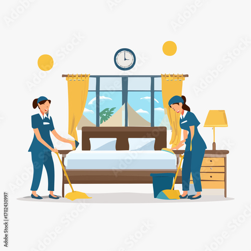 Hotel maids cleaning a bedroom with a bed nightstand and window view