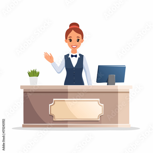 Smiling Hotel Receptionist with Bowtie Waving from Behind the Counter