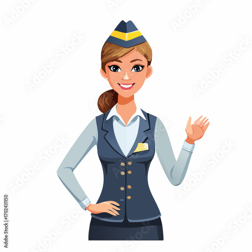 Smiling Cartoon Stewardess with Uniform and Distinctive Green Eye Detail