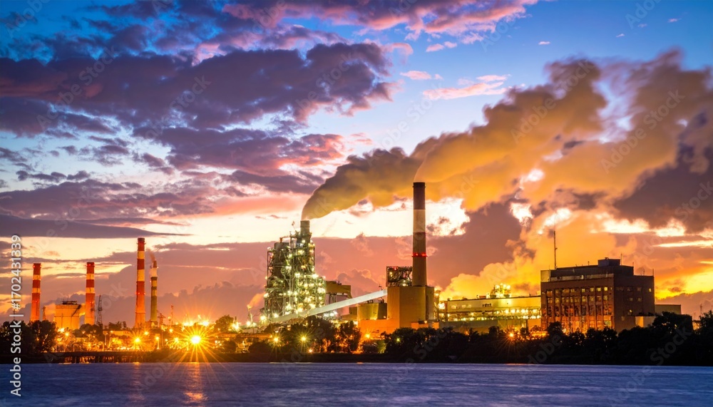 Fototapeta premium Industrial Landscape at Sunset with Smoke and Bright Sky Colors