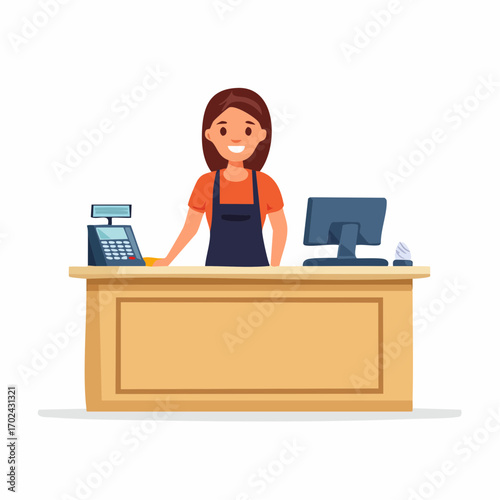 Smiling brunette cashier in apron stands behind a light brown counter