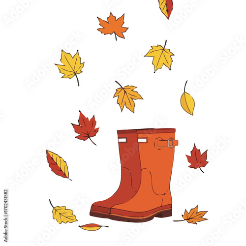 Autumn leaves falling around rain boots