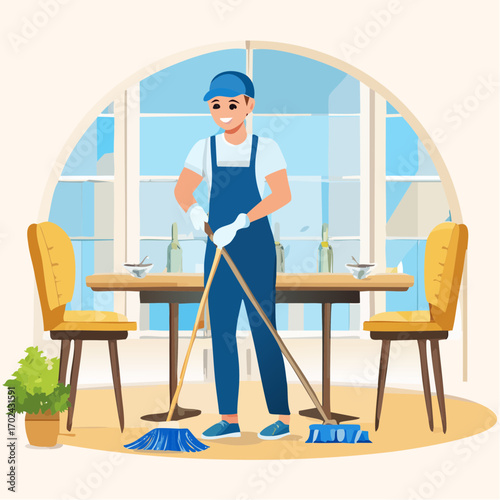 Smiling Janitor Sweeping Restaurant Floor with Two Brooms and Blue Uniform