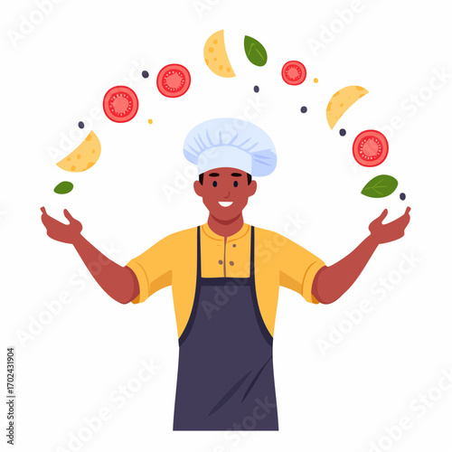 Cheerful Chef Juggling Fresh Pizza Ingredients with Skillful Precision