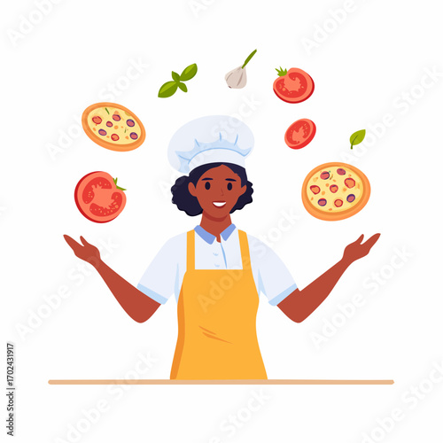 Smiling Chef Juggling Pizza Ingredients Tomatoes Garlic Basil and Miniature Pizzas