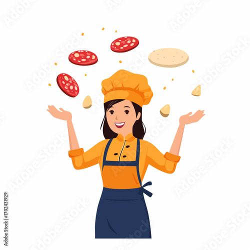 Smiling female chef juggling pepperoni slices dough and cheese wedges