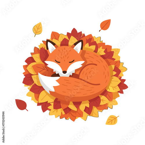 Adorable fox sleeping on colorful autumn leaves