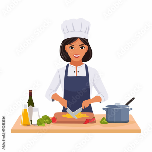 Smiling Chef Preparing Food with Knife Vegetables and Cooking Pot