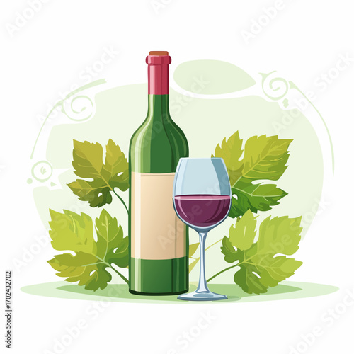 Wine Bottle and Glass with Grape Leaves Background