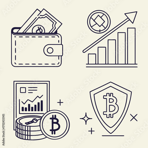 Financial growth and investment concepts illustrated with stylized icons including wallet, coins, charts, and cryptocurrency
