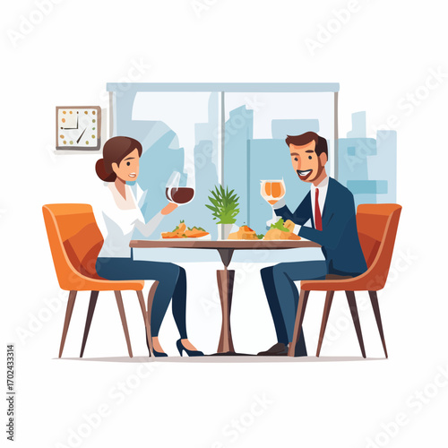 Couple Enjoying Dinner with Wine and Cocktails at Restaurant Table