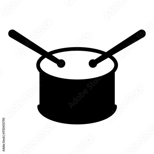 Vector illustration of a drum icon with drumsticks in black silhouette style, representing music, percussion instrument, rhythm, and entertainment.