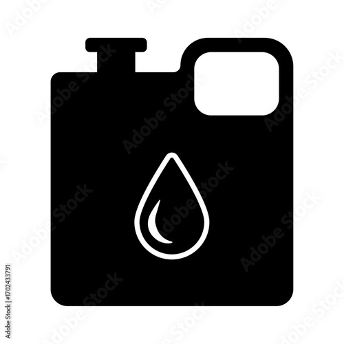 Black silhouette vector illustration of an oil canister with droplet symbol, representing fuel container, motor oil storage, petroleum, and automotive industry concept.