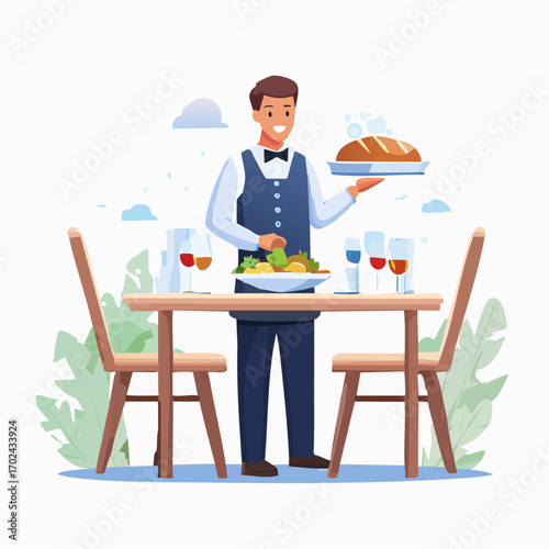 Smiling waiter serving gourmet meal at restaurant table with wine glasses