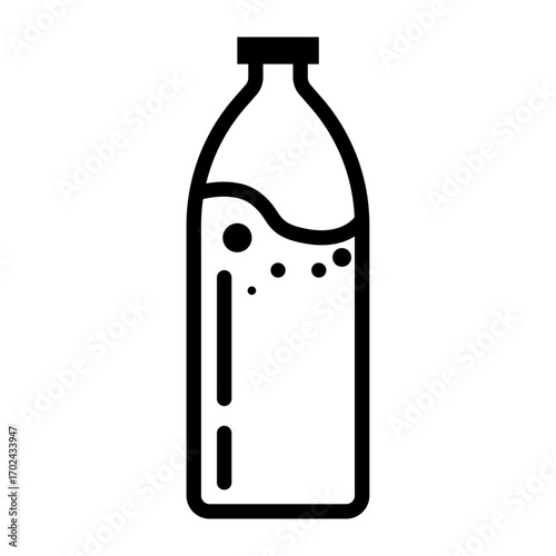 Black vector illustration of a bottle with liquid, simple outline icon for beverage, drink, water, soda, or packaging design.