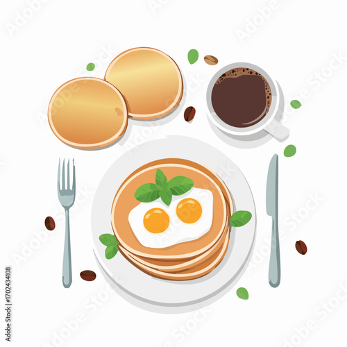 Pancakes with SunnySide Up Eggs Toast and Coffee Garnished with Mint Leaves