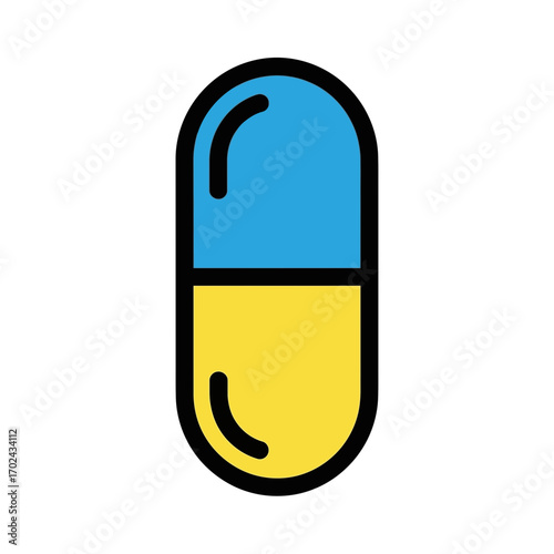 Pill medication sits halved blue yellow medical treatment