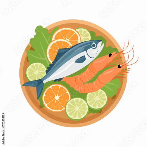 Colorful Seafood Platter Featuring Fish Shrimp Citrus and Greens