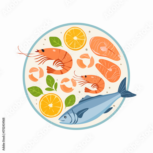 Seafood Medley Salmon Shrimp Tuna and Citrus in Circular Arrangement