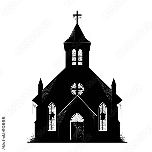 Spooky abandoned church silhouette with cobwebs isolated on white background