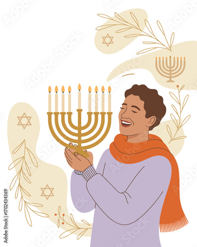 Joyful individual celebrates the spirit of Hanukkah, holding a glowing menorah in a vibrant illustration