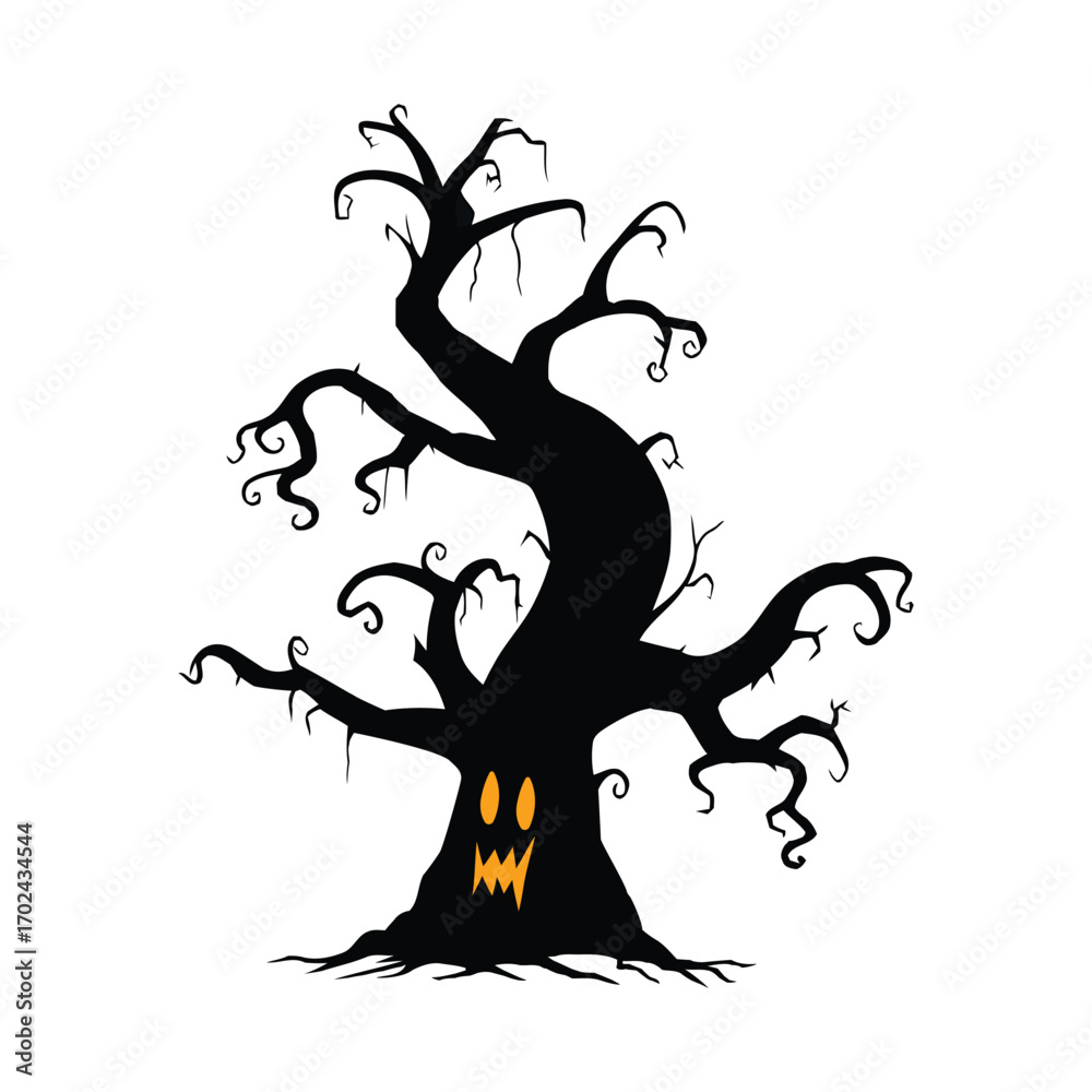 Fototapeta premium Black Halloween Tree Vector Pack – Spooky Cartoon Orange Face