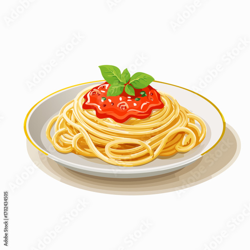 Cartoon Spaghetti with Tomato Sauce and Basil on a White Plate