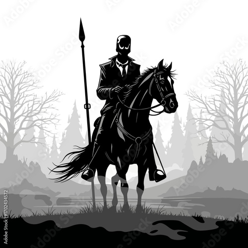 Headless horseman silhouette with spear isolated on white background