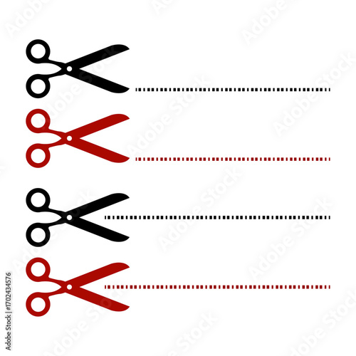 Scissors cutting dotted line vector icon set in black and red, symbolizing coupons, vouchers, discounts, cut marks, promotions, and editing tools in flat style.