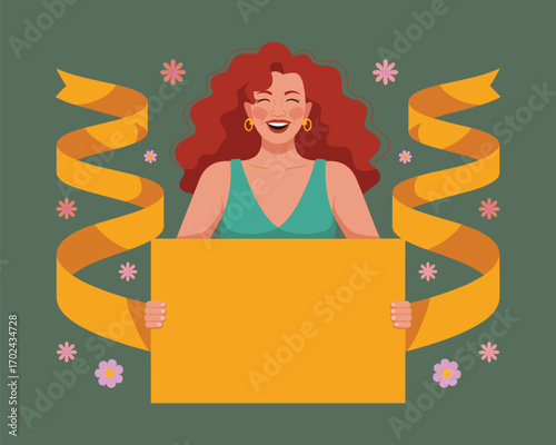 Joyful woman holding a blank sign with festive ribbons and flowers, celebrating a special occasion