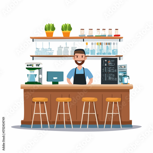 Cheerful Barista Standing Behind a Coffee Shop Counter with Smiling Expression
