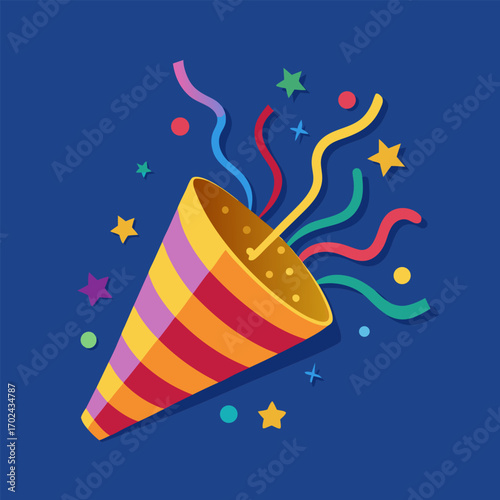 Golden party popper exploding with colorful streamers and confetti celebration fun