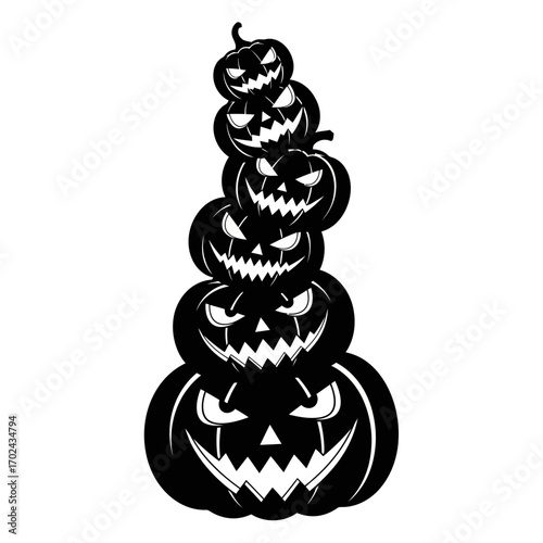Stack of carved halloween pumpkins silhouette isolated on white background
